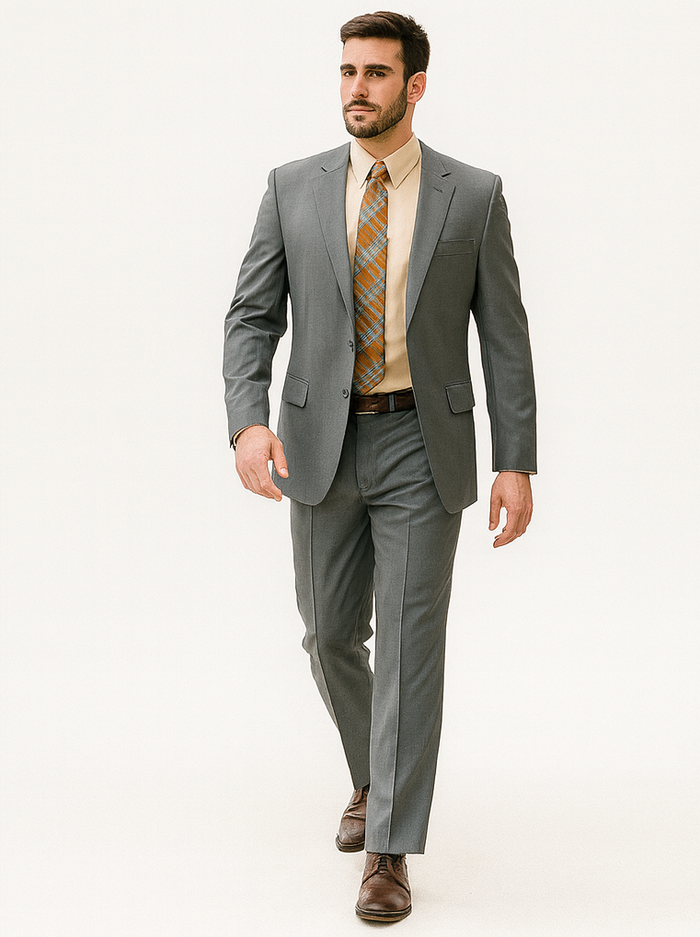 Grey 2 Button Classic Fit Pleated Suit