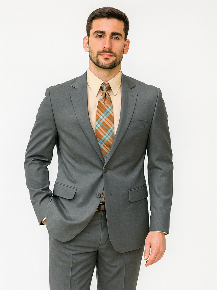 Grey 2 Button Classic Fit Pleated Suit