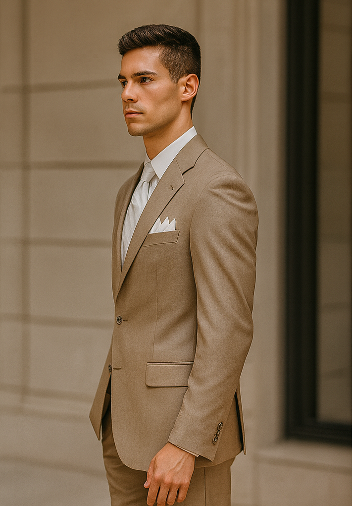 Mens 2 Button Classic Fit Pleated Pant Suit in Khaki