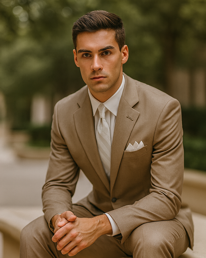 Mens 2 Button Classic Fit Pleated Pant Suit in Khaki