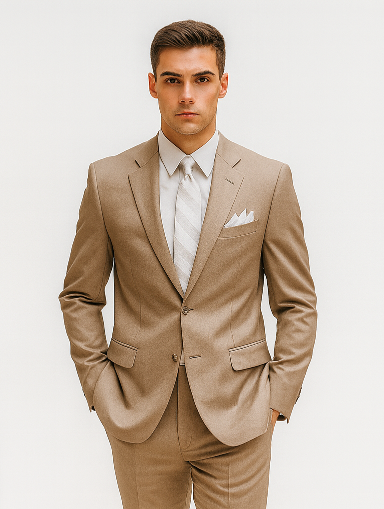 Mens 2 Button Classic Fit Pleated Pant Suit in Khaki