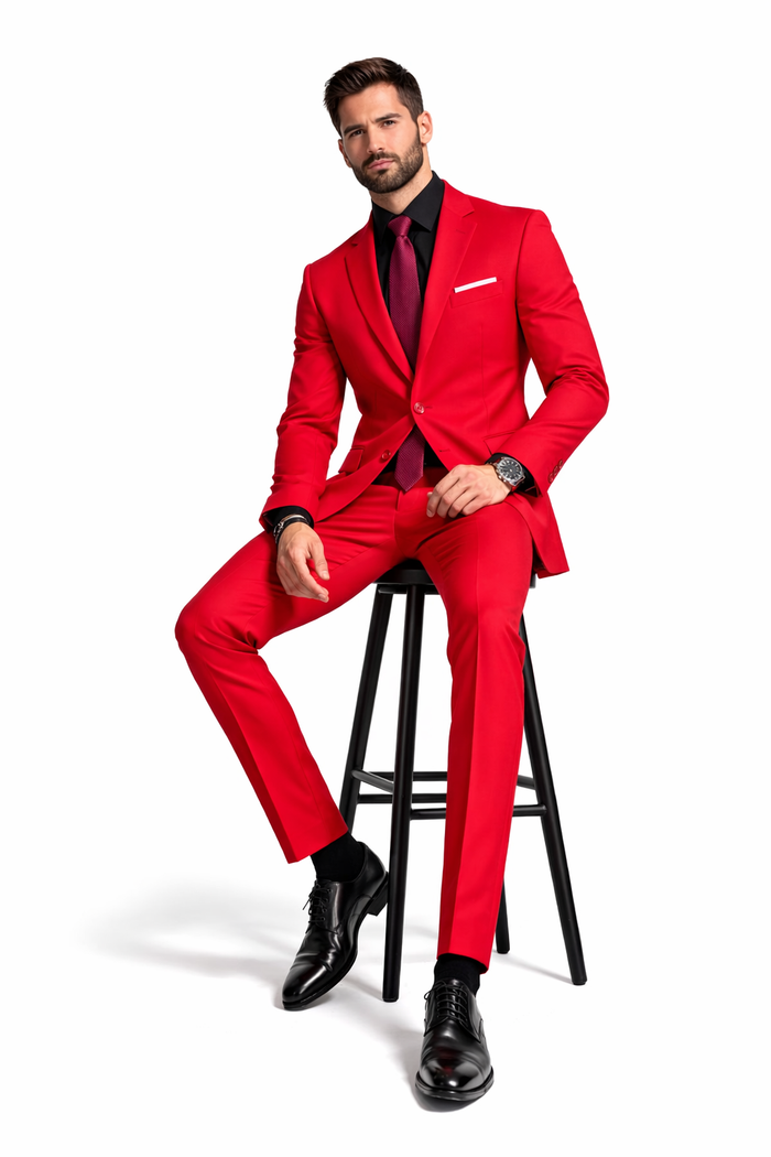 2 Button Red Poplin Suit for Men