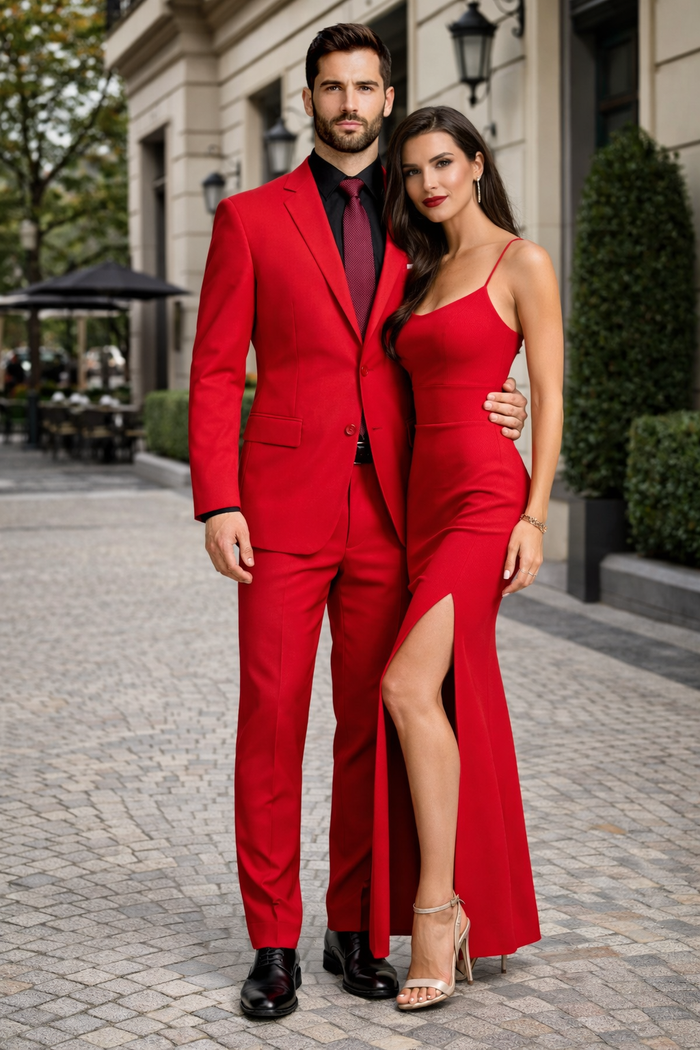 2 Button Red Poplin Suit for Men