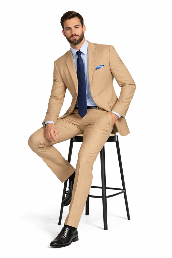 Mens 2 Button Poplin Khaki Suit