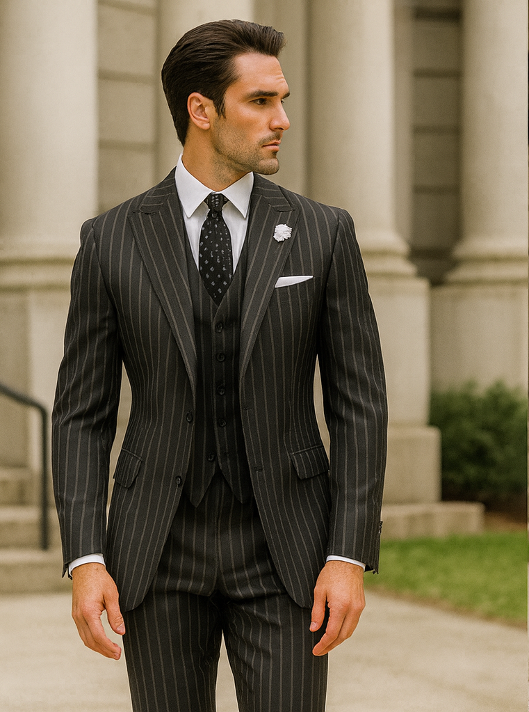 Men's Gangster Pinstripe 2-Button Suit, Black & White