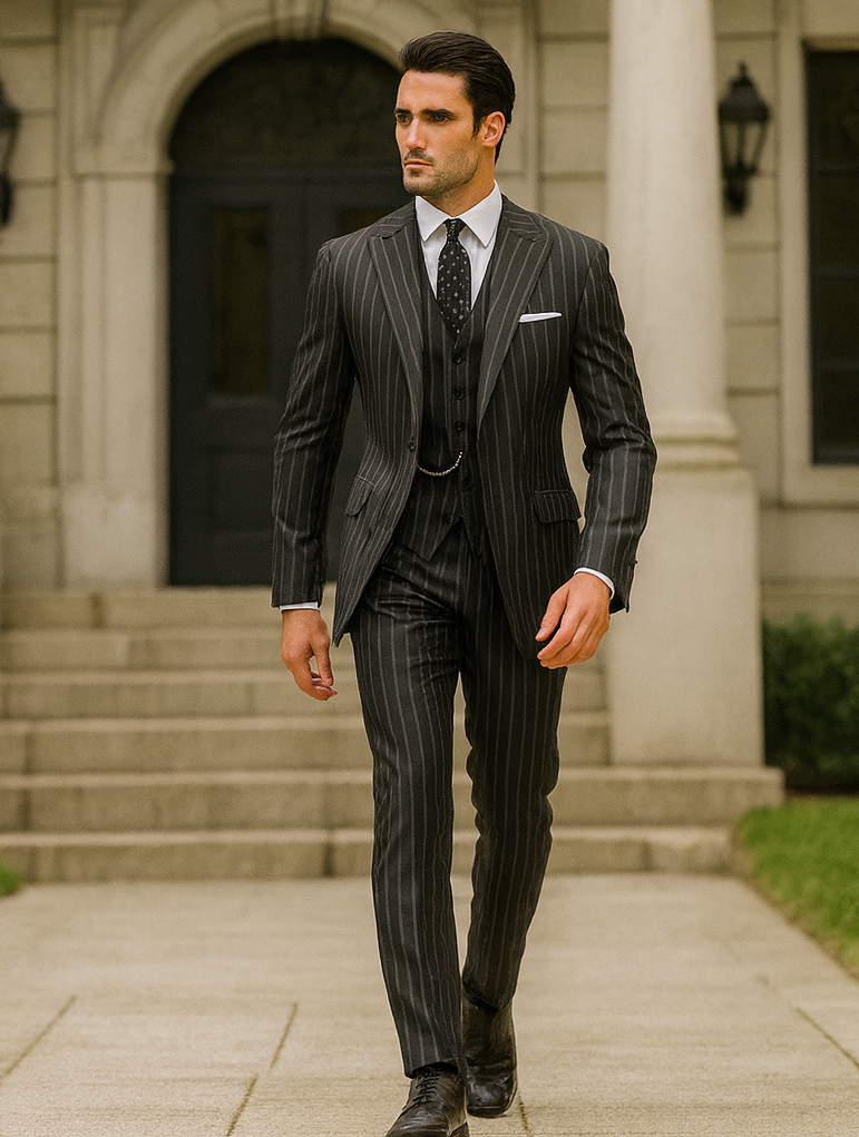 Men's Gangster Pinstripe 2-Button Suit, Black & White