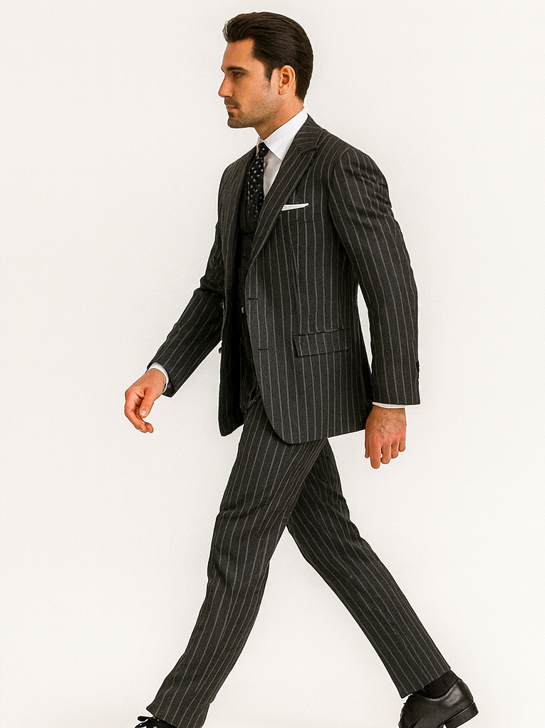 Men's Gangster Pinstripe 2-Button Suit, Black & White