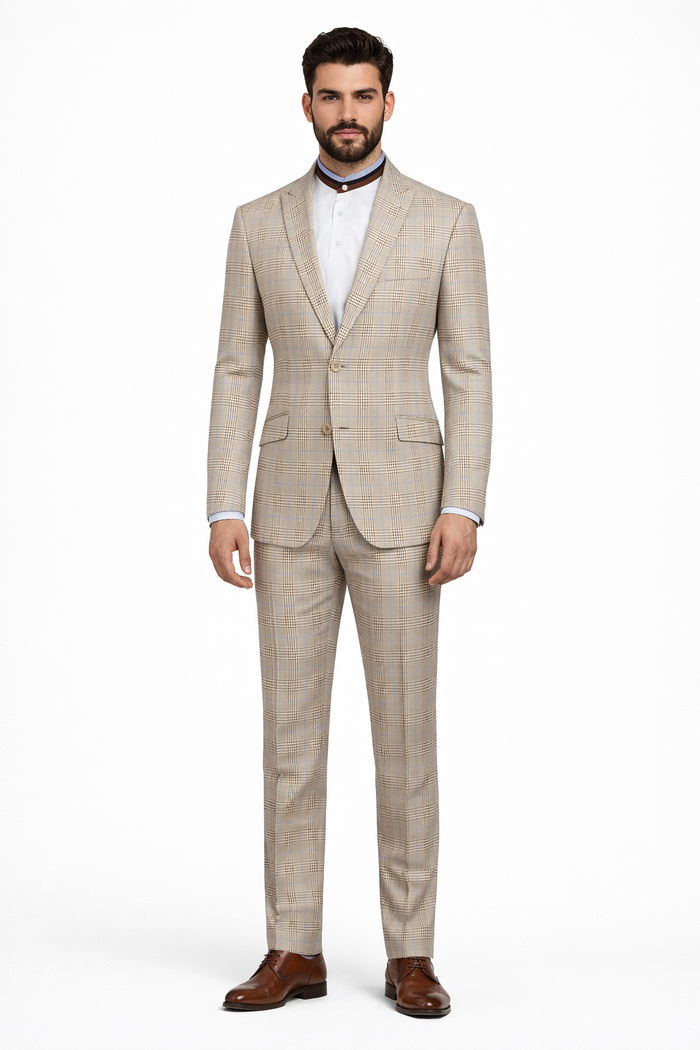 2 Button Modern Fit Plaid Suit - Tan