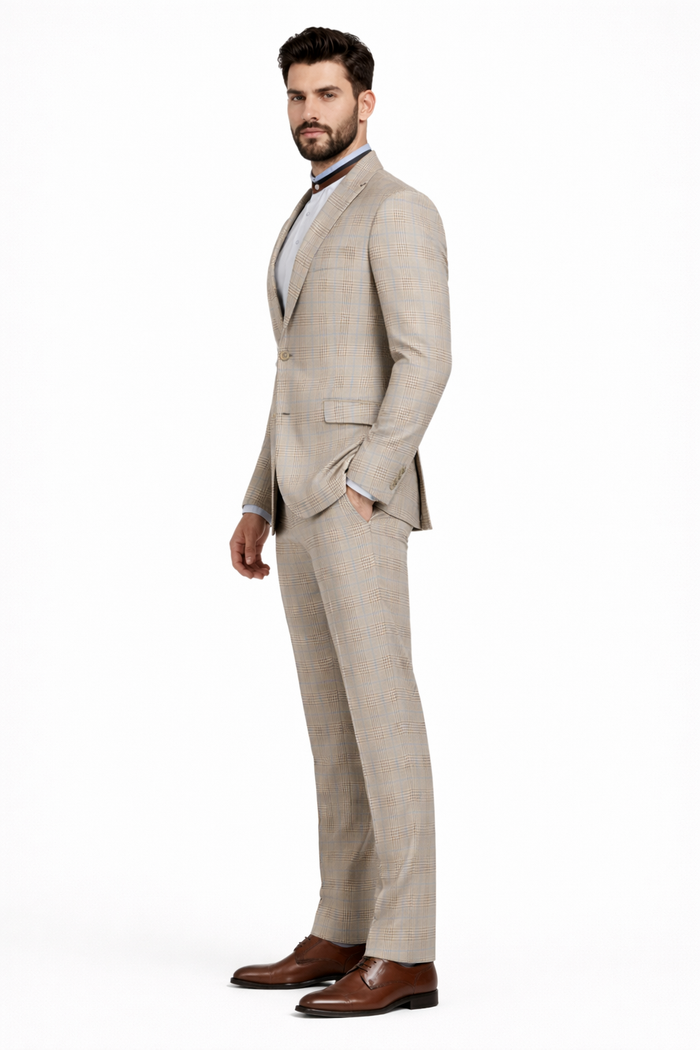 2 Button Modern Fit Plaid Suit - Tan