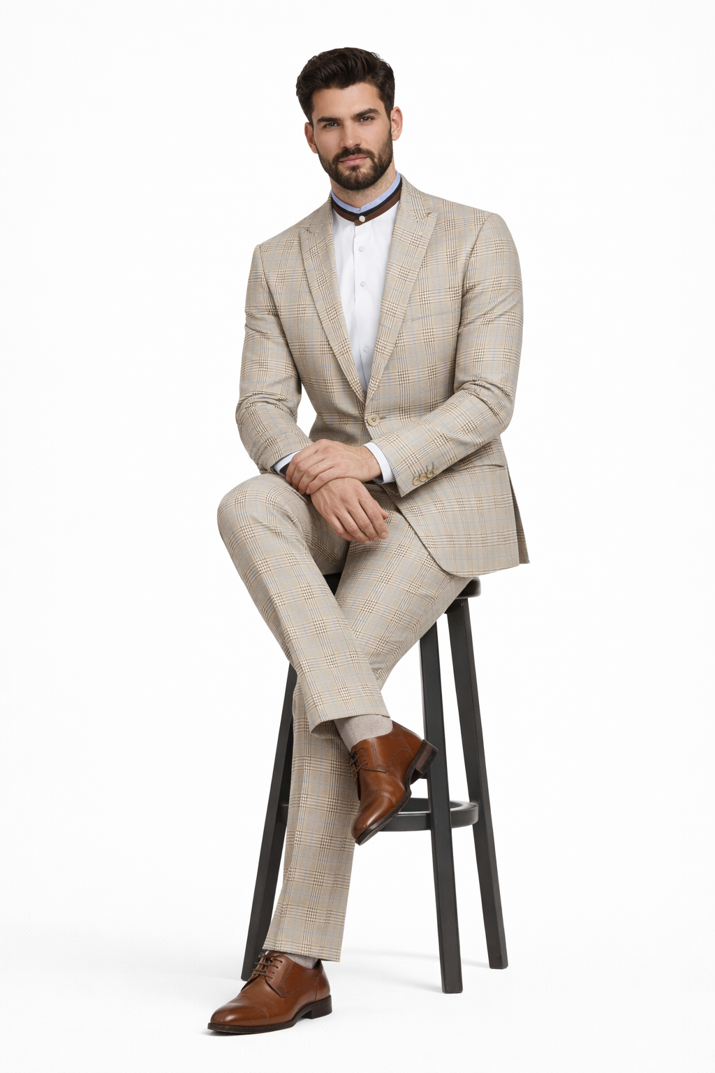 2 Button Modern Fit Plaid Suit - Tan
