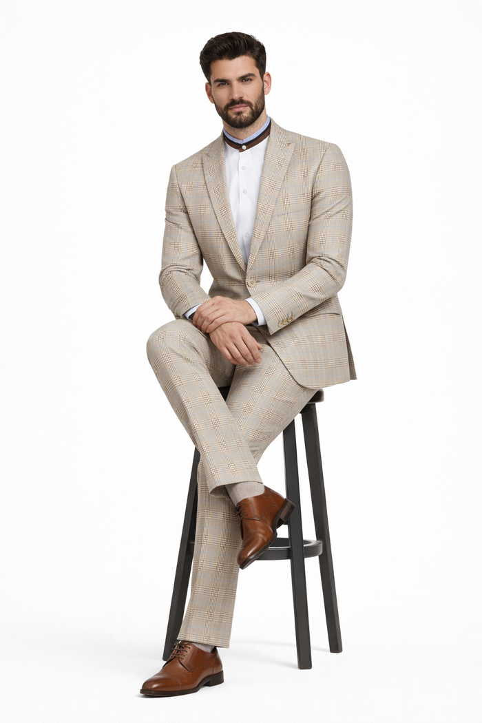 2 Button Modern Fit Plaid Suit - Tan
