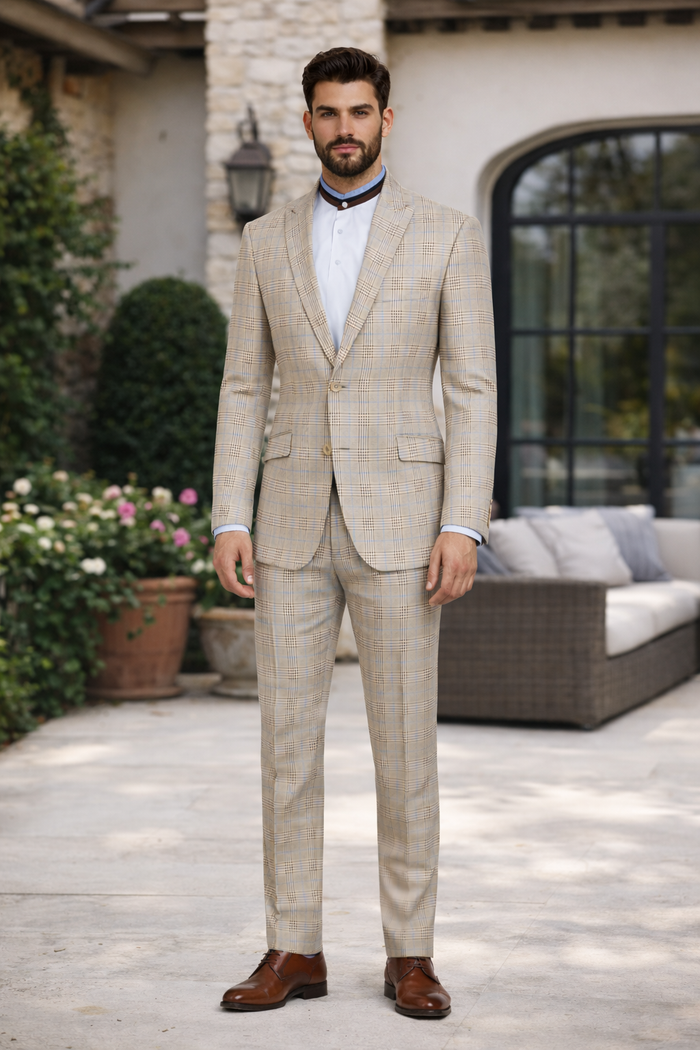 2 Button Modern Fit Plaid Suit - Tan