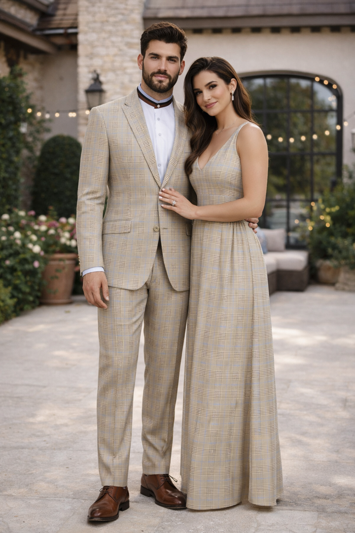 2 Button Modern Fit Plaid Suit - Tan