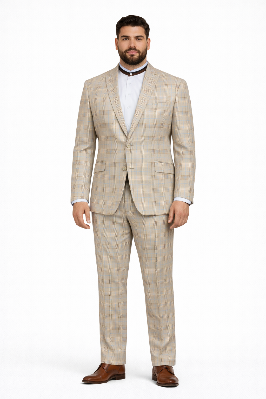 2 Button Modern Fit Plaid Suit - Tan