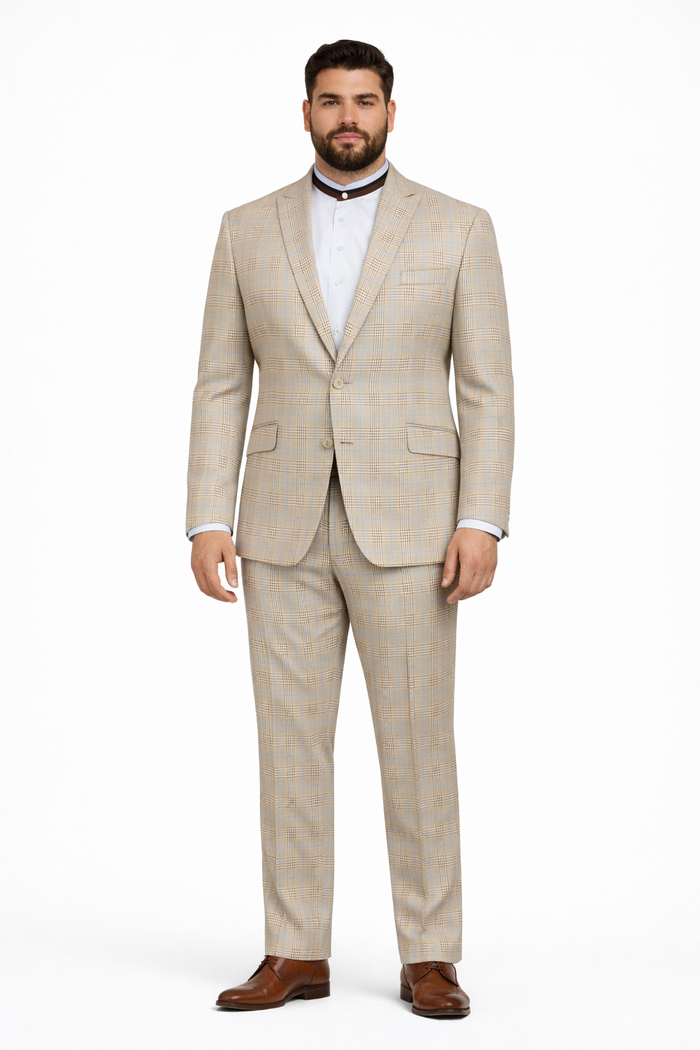 2 Button Modern Fit Plaid Suit - Tan
