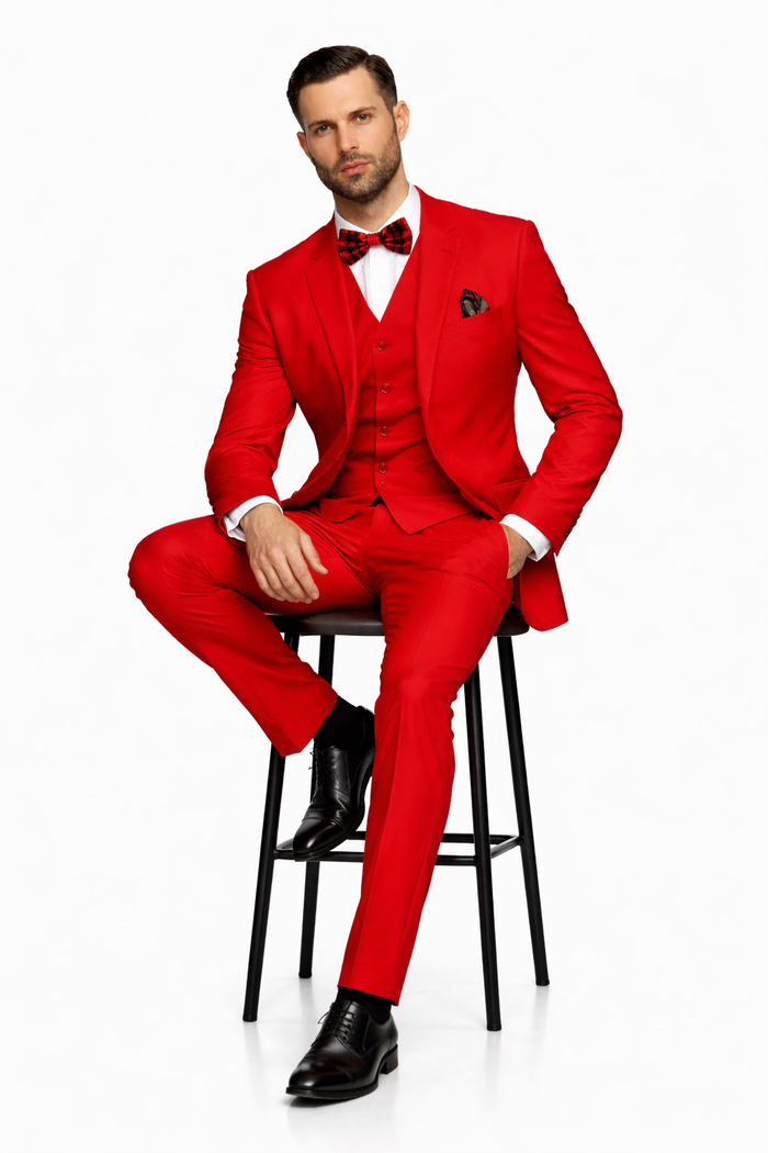 Modern Fit Red Suit with Vest - 2 Button