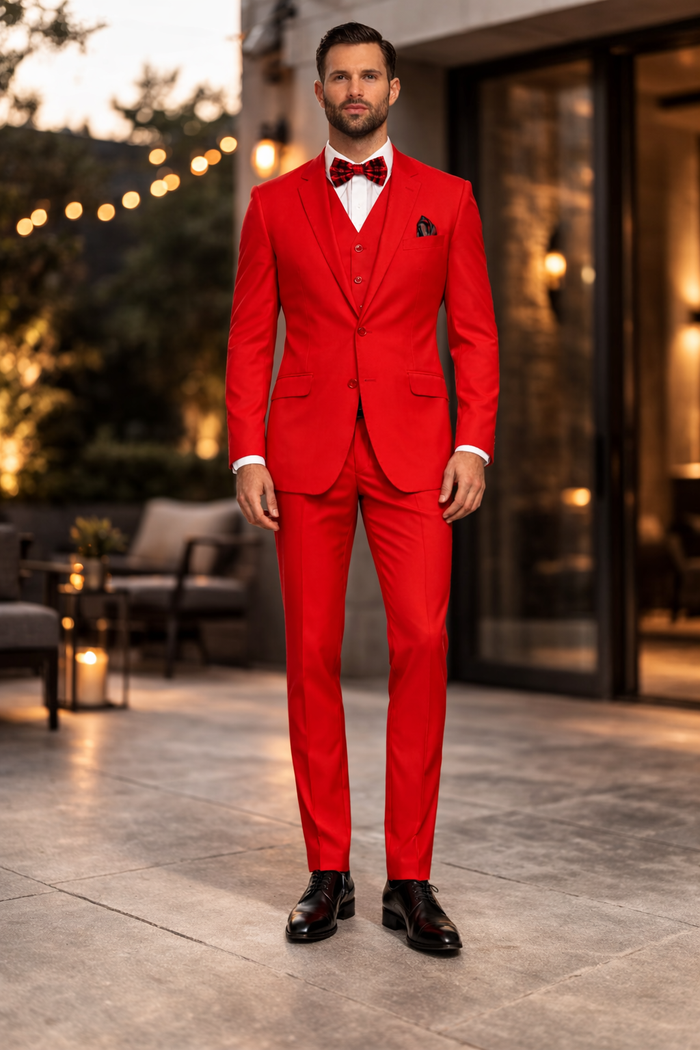 Modern Fit Red Suit with Vest - 2 Button