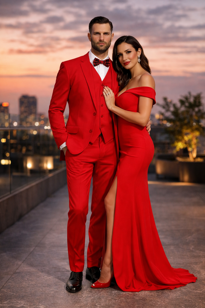 Modern Fit Red Suit with Vest - 2 Button