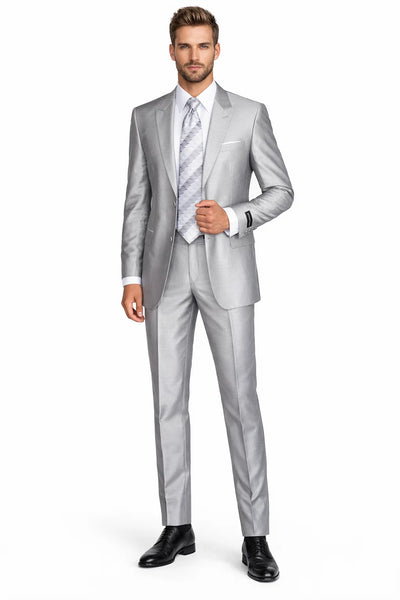 2-Button Peak Lapel Sharkskin Suit in Silver