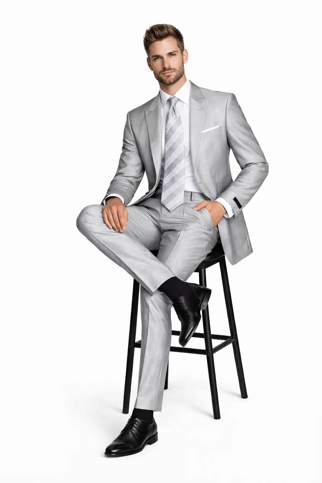 2-Button Peak Lapel Sharkskin Suit in Silver