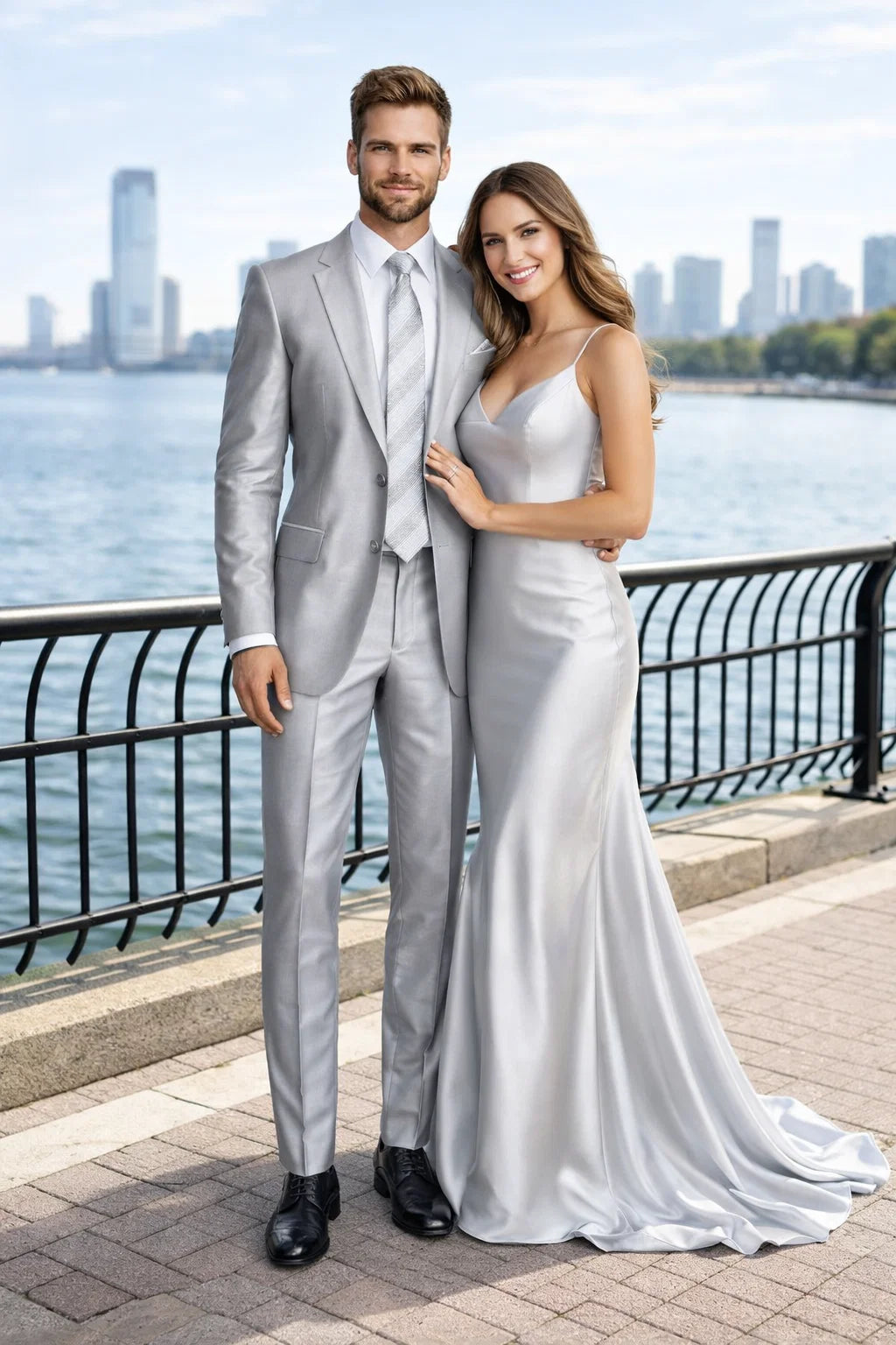 2-Button Peak Lapel Sharkskin Suit in Silver