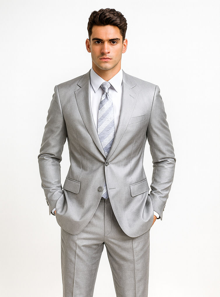 2-Button Peak Lapel Sharkskin Suit in Silver