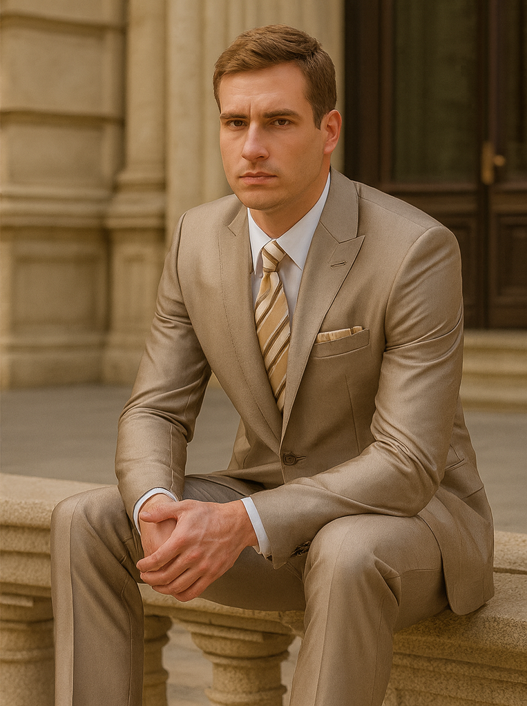 Tan 2 Button Peak Lapel Sharkskin Suit for Men