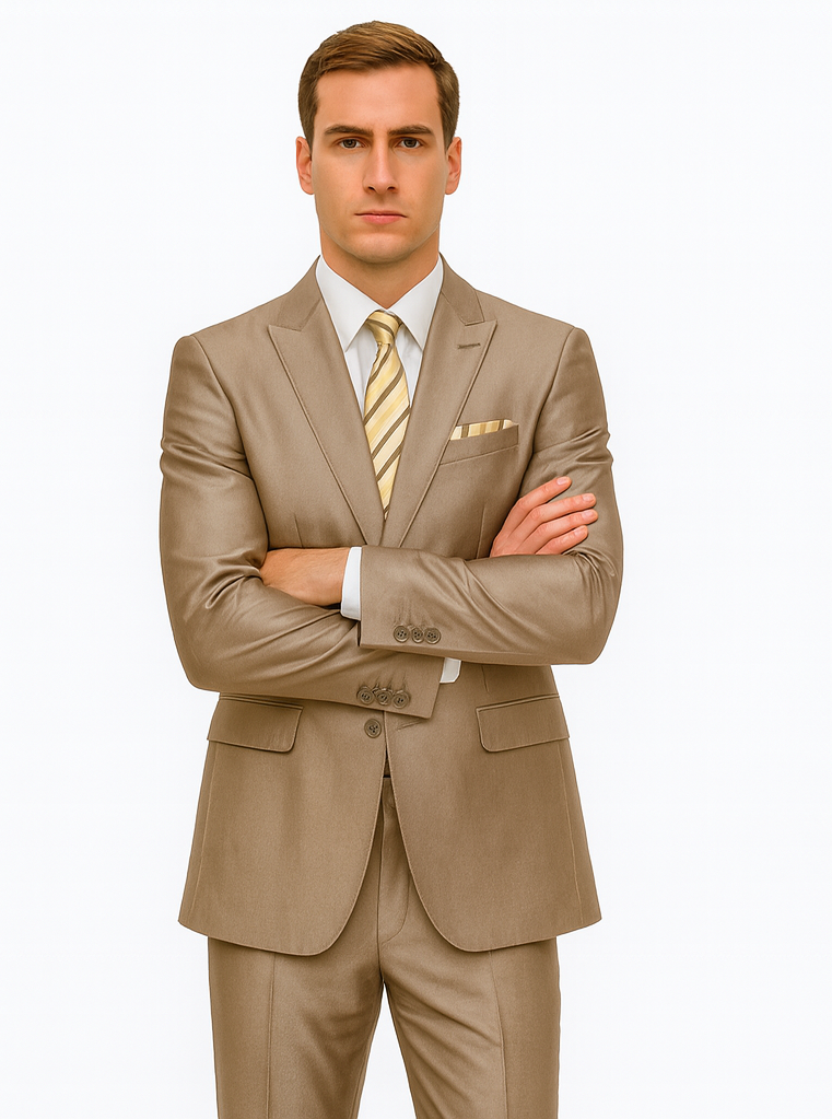 Tan 2 Button Peak Lapel Sharkskin Suit for Men