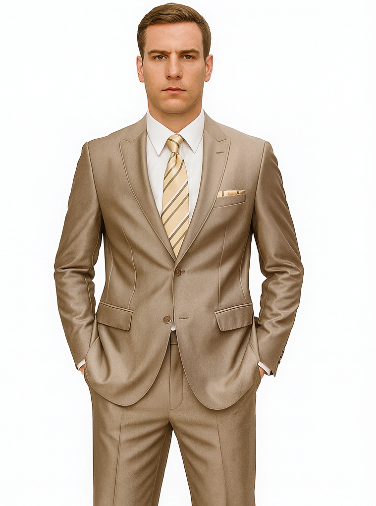 Tan 2 Button Peak Lapel Sharkskin Suit for Men