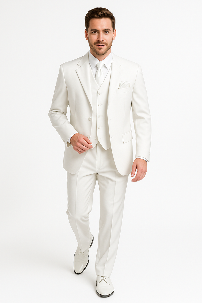 Men's 2 or 3 buttons 3 Piece Snow White Three Piece Vested Suit Pleated Pants Side Vent