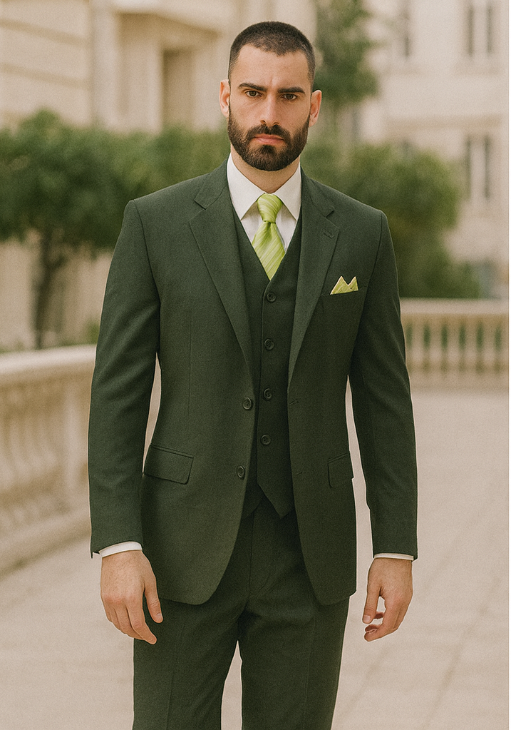 Olive 2 Button Vested Wool Feel Suit