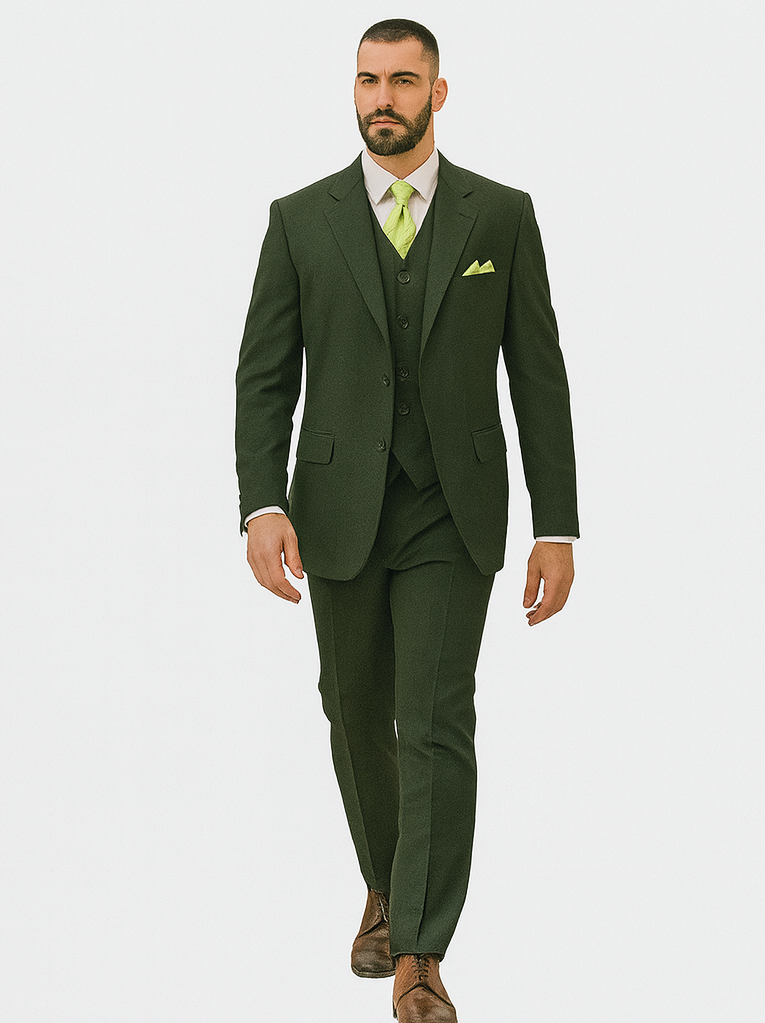 Olive 2 Button Vested Wool Feel Suit
