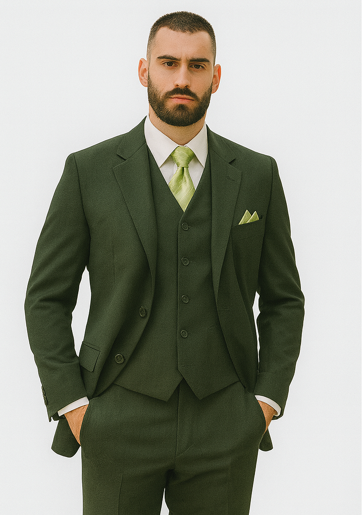 Olive 2 Button Vested Wool Feel Suit