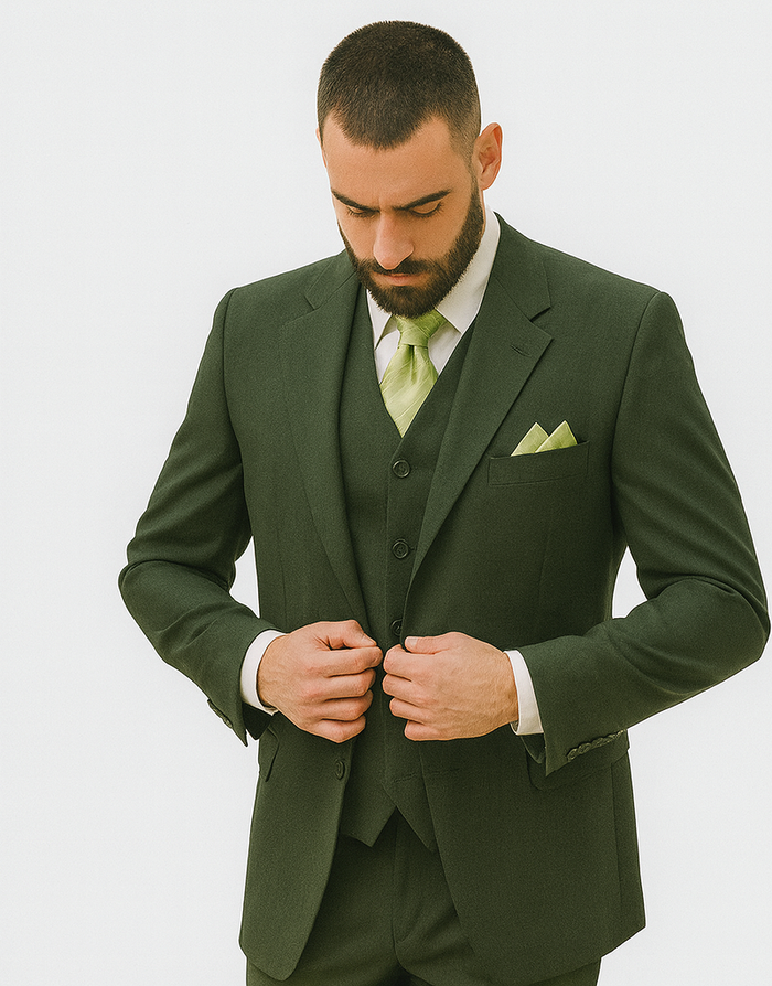 Olive 2 Button Vested Wool Feel Suit