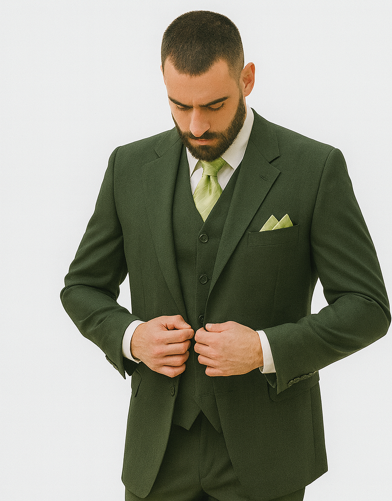 Olive 2 Button Vested Wool Feel Suit