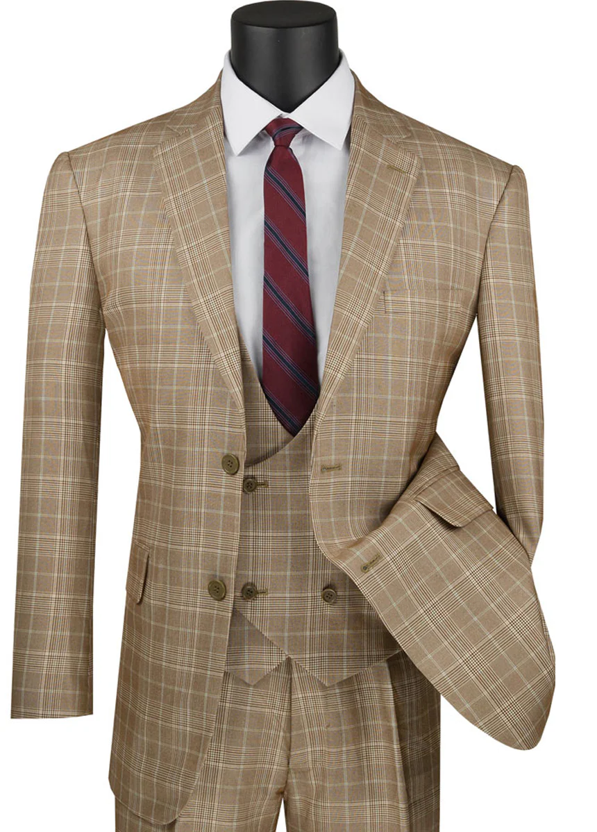 Marc Darcy Wedding Suits Mens 2 Button Vested Peak Lapel Plaid Windowpane Suit in Camel