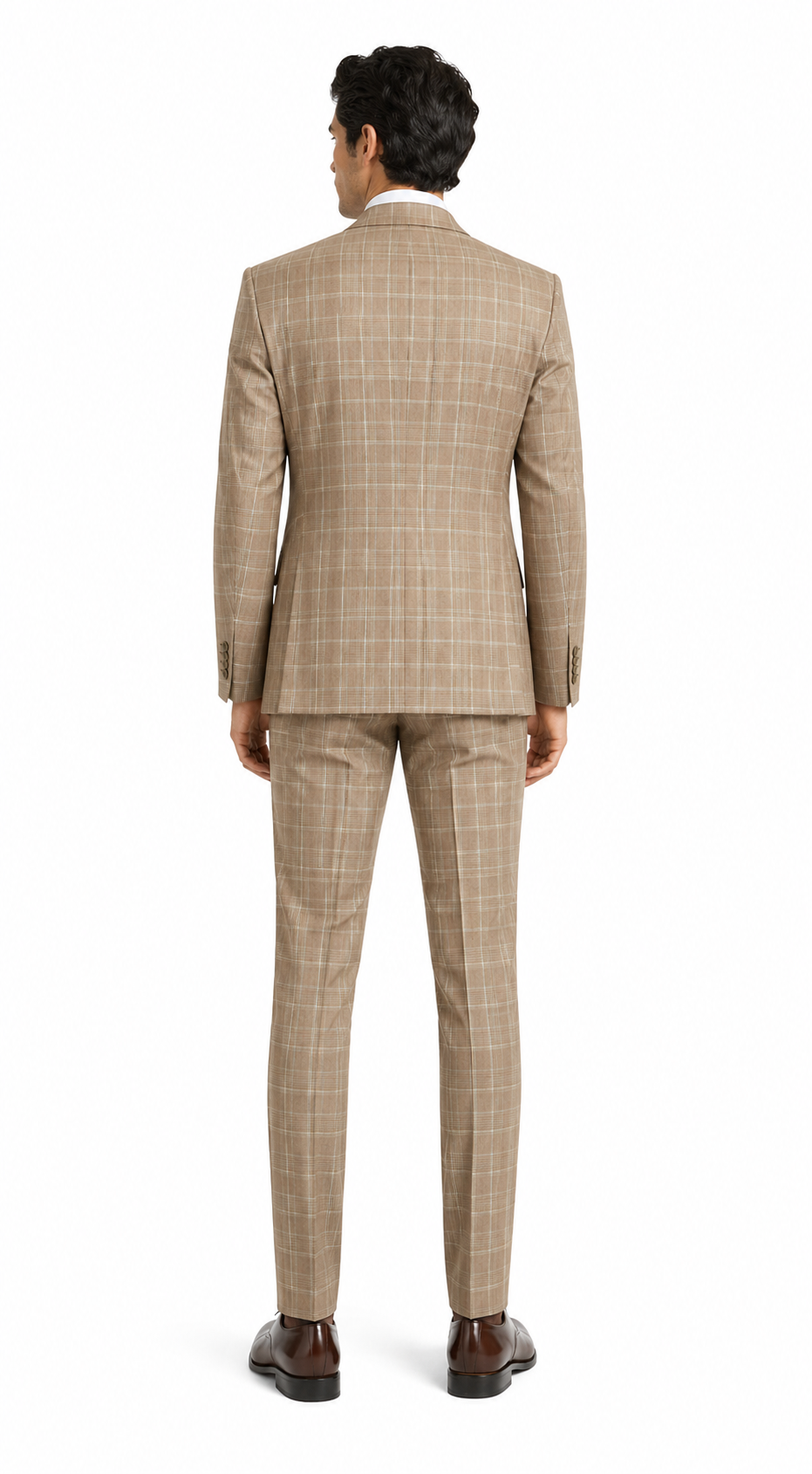 Peak Lapel Plaid Vested Suit - Camel