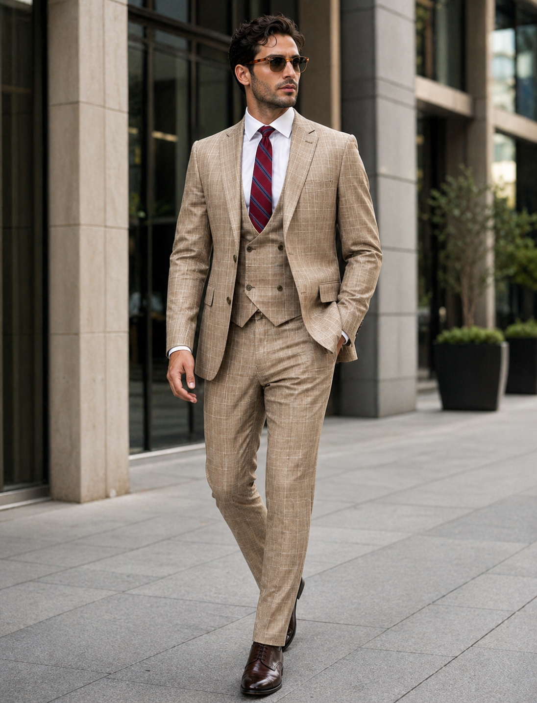 Peak Lapel Plaid Vested Suit - Camel