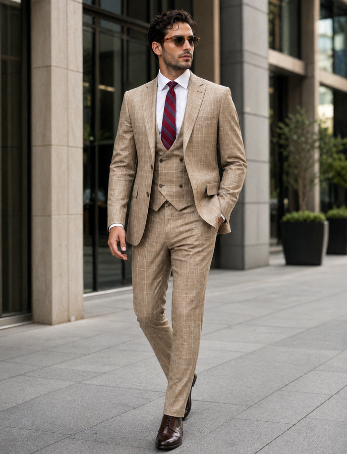 Peak Lapel Plaid Vested Suit - Camel