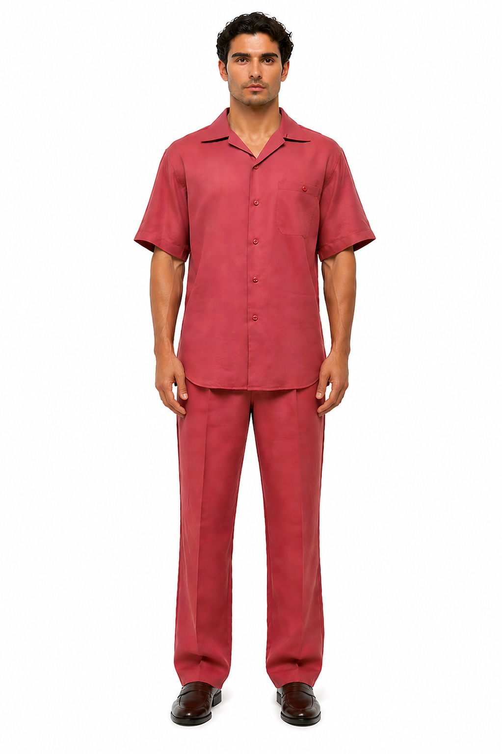 Men's 2 Piece Burgundy Linen Short Sleeve Casual Two Piece Mens Walking Outfit For Sale Pant Sets Casual Big Size Suit