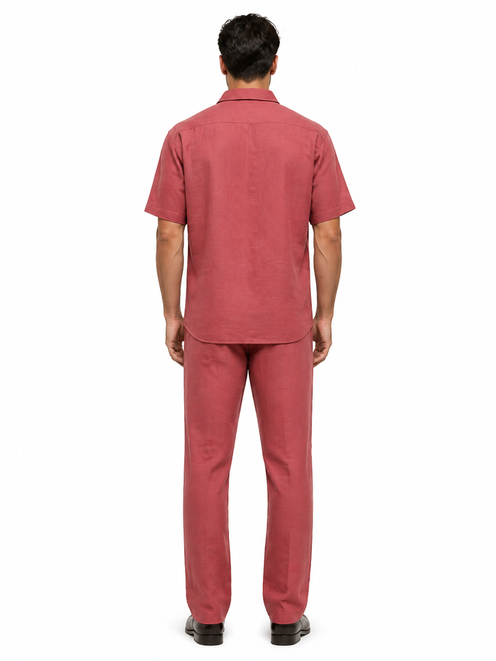Men's 2 Piece Burgundy Linen Short Sleeve Casual Two Piece Mens Walking Outfit For Sale Pant Sets Casual Big Size Suit