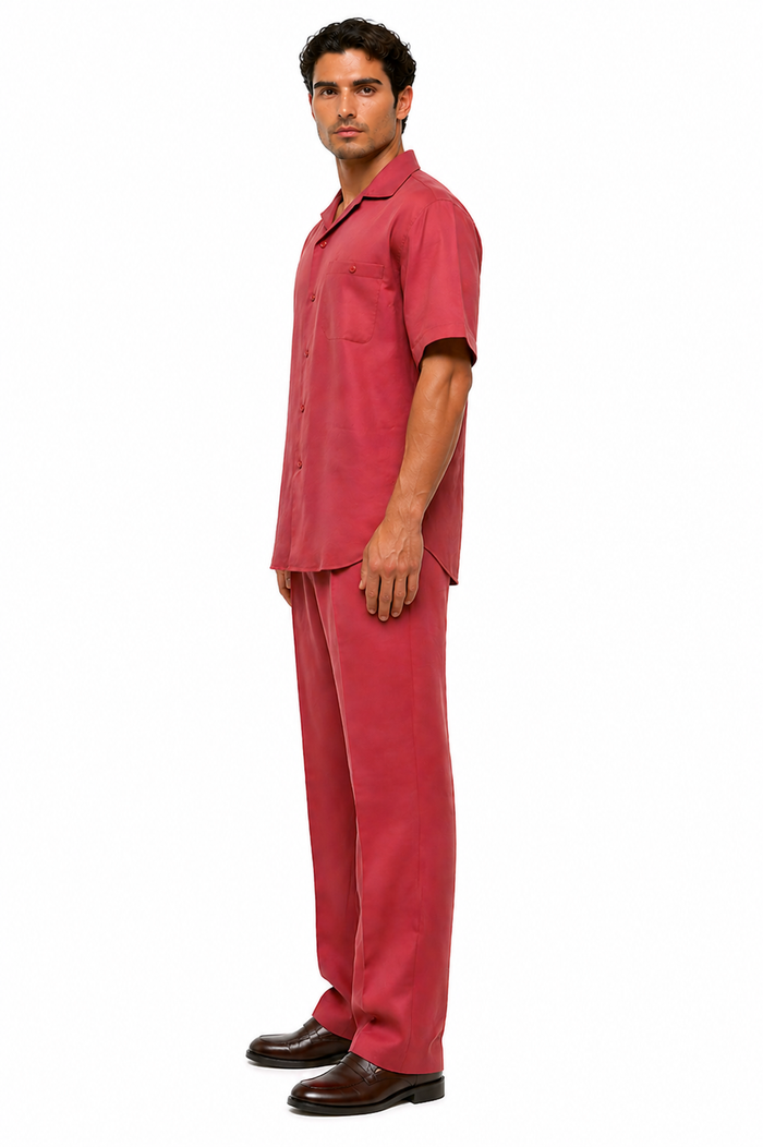 Men's 2 Piece Burgundy Linen Short Sleeve Casual Two Piece Mens Walking Outfit For Sale Pant Sets Casual Big Size Suit