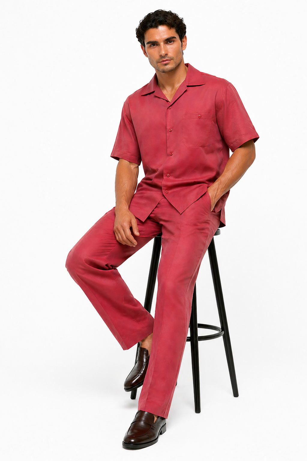 Men's 2 Piece Burgundy Linen Short Sleeve Casual Two Piece Mens Walking Outfit For Sale Pant Sets Casual Big Size Suit