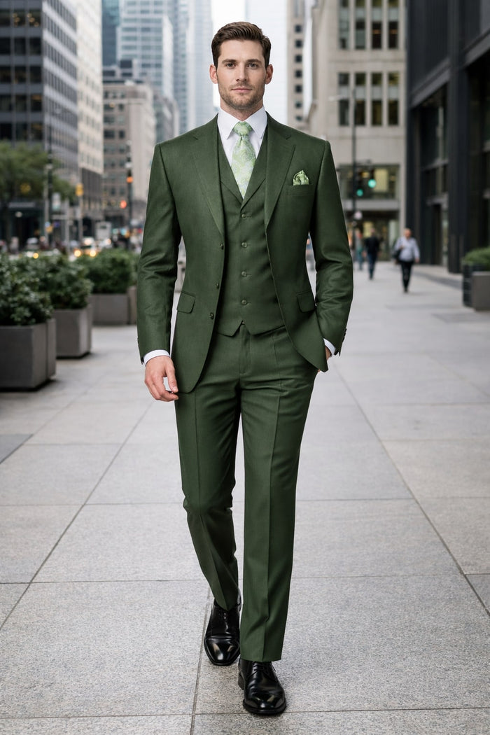 Men's Double Vents 3 Button Olive Green Cheap Priced Business Suits Clearance Sale
