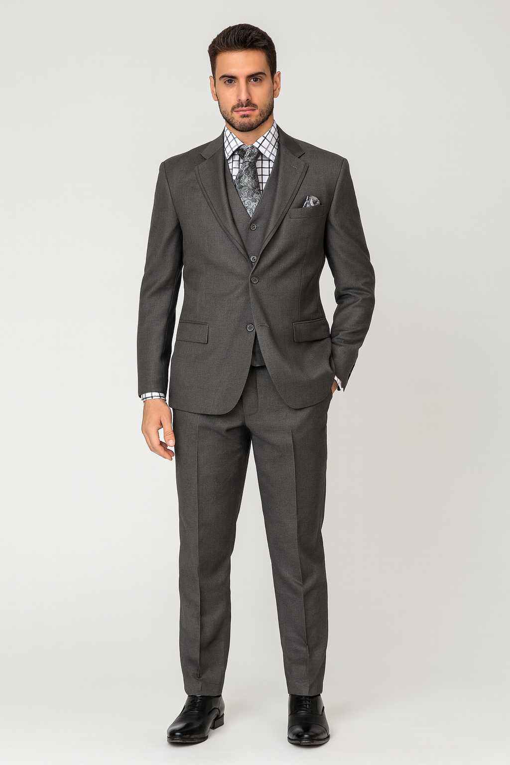 Men's 3 Button Sharkskin Grey Cheap Priced Business Suits Clearance Sale