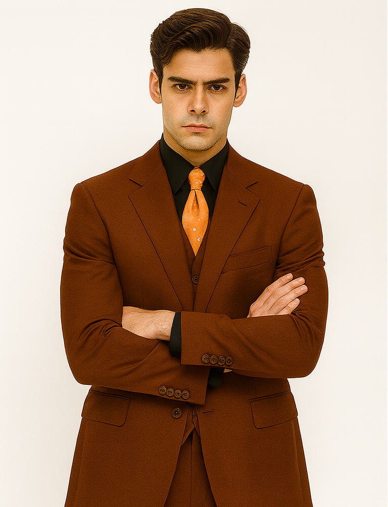Cognac 2 Button Wool Feel Vested Suit for Men
