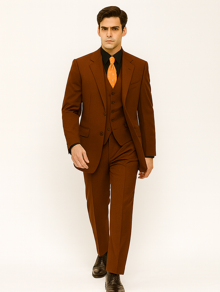 Cognac 2 Button Wool Feel Vested Suit for Men