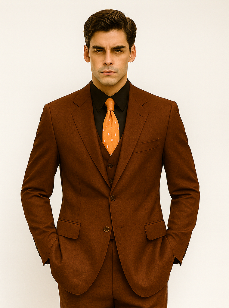 Cognac 2 Button Wool Feel Vested Suit for Men