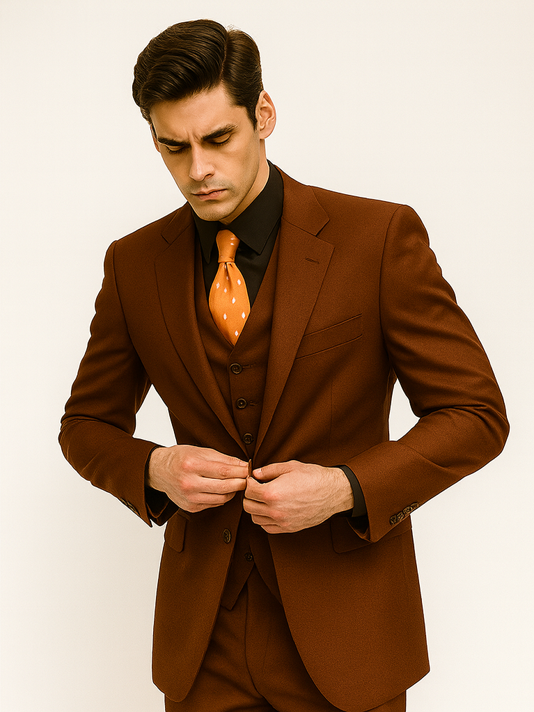 Cognac 2 Button Wool Feel Vested Suit for Men