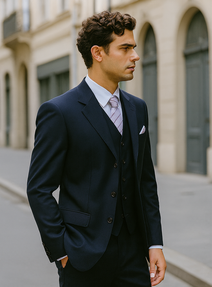 Men’s Navy 3-Button Vested Wool Feel Suit